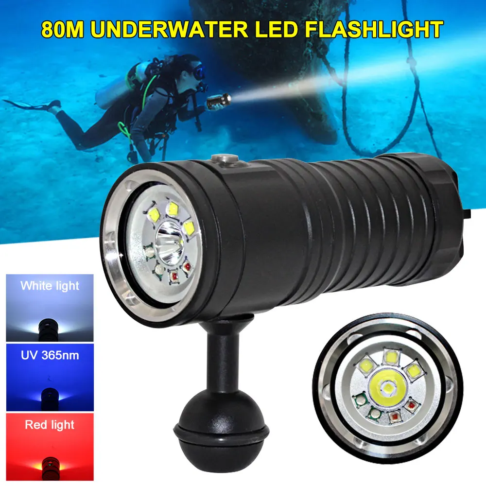 Multifunctional 3-color diving flashlight underwater 80m photography LED light IPX8 flashlight