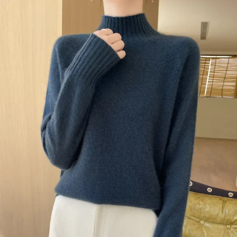 Autumn Winter New Pattern Half High Neck Sweater Cashmere Turtleneck Loose Pullover Solid Color Fashion  Women's Long Sleeve Top