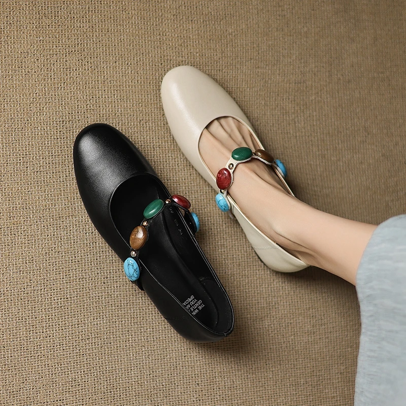 Women's new leather cowhide round toe gemstone belt buckle comfortable low heel Mary Jane shoes single shoe