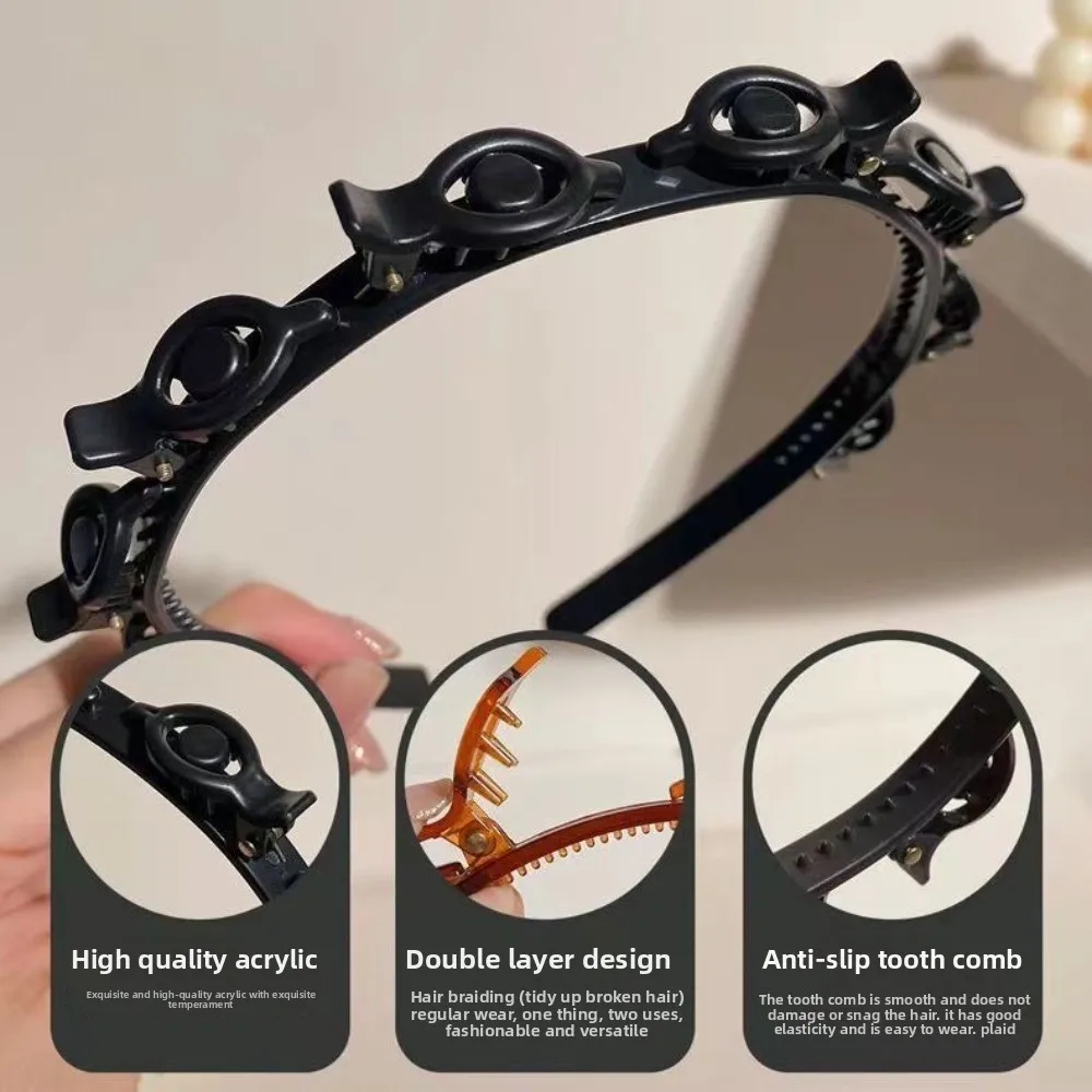 Adjustable Headband with Clips Double Bangs Hoop Design Multi Layer Toothed Braid Tool with 8 Clips Alice Hairband