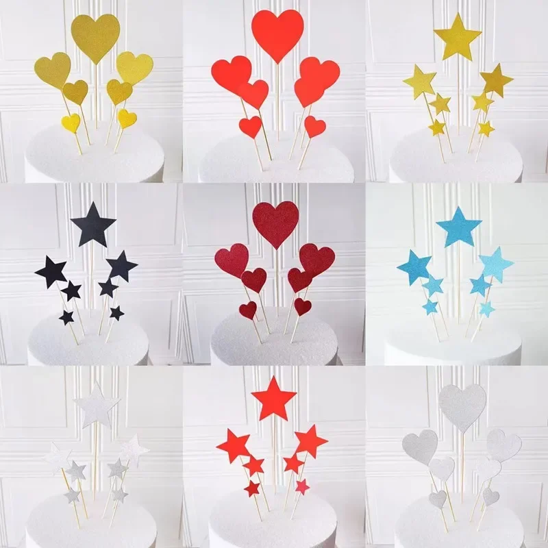 14pcs Cake Topper Star Heart Cake Toppers Golden Red Silvery Blue Wedding Cake Decorating Happy Birthday Cake Topper for Cupcake