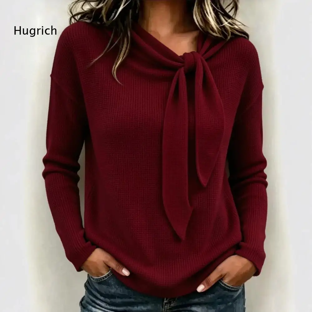 Women Pink Knit Sweater Long Sleeve Tie Neck Detail Soft Waffle Texture Casual Autumn Winter Loose Fit Pullover Top