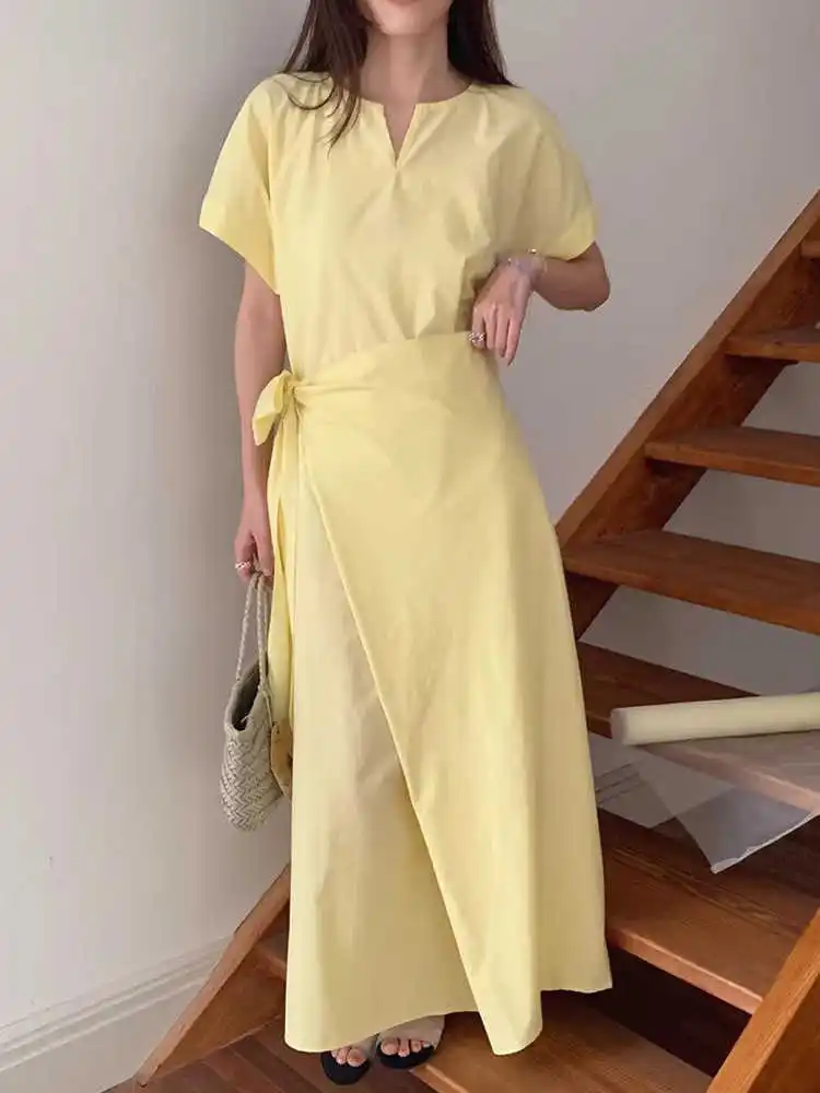 

Clothland Women Stylish Short Sleeve Dress Wrap Design Fake Two Piece Summer A Line Midi Dresses Vestido Mujer QE029