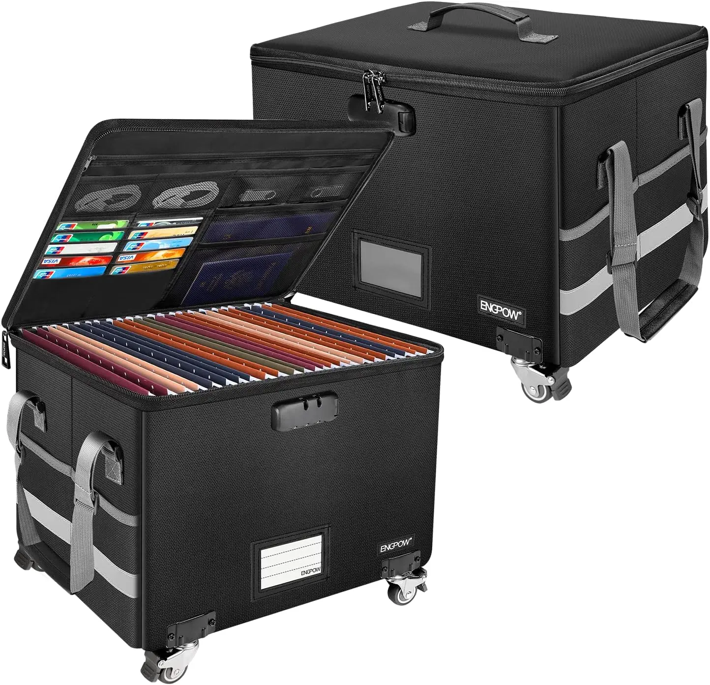 

Fireproof Document Box with Wheels, Collapsible Lockable File Storage for Home Office, Portable Safe for Letter/Legal Folders, 2
