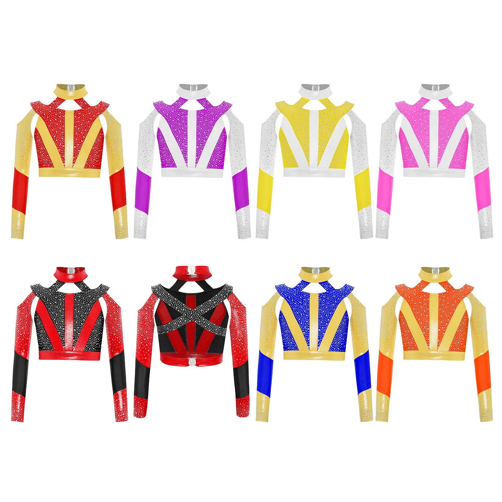 Girls Lyrical Yoga Belly Dance Costume Long Sleeve Shiny Rhinestone Cross Back Cutout Crop Top for Ballroom Stage Dance Show