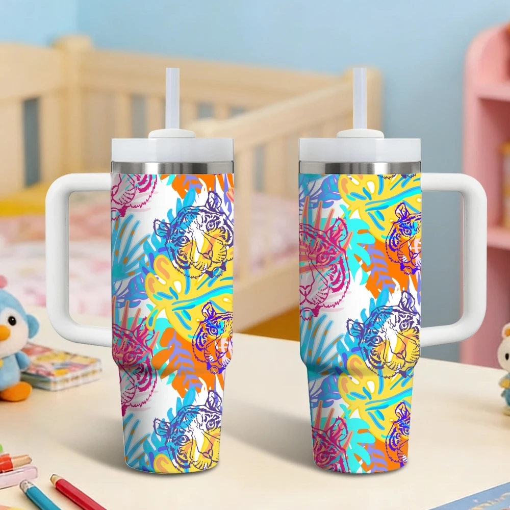 Animal Tiger Pattern Vacuum Flasks 40oz Stainless Steel Insulated Tumbler with Handle & Straw Leakproof Travel Mug