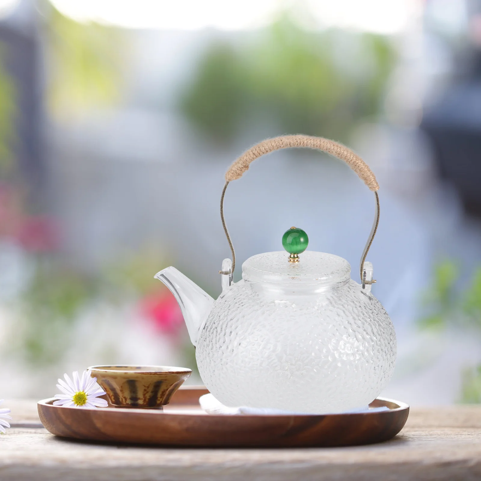 

1Pcs Hammered Copper Steaming Tea Pot Green Bead Lid High Temperature Resistant Glass 1200Ml Family Outdoor Gift Clear Glass