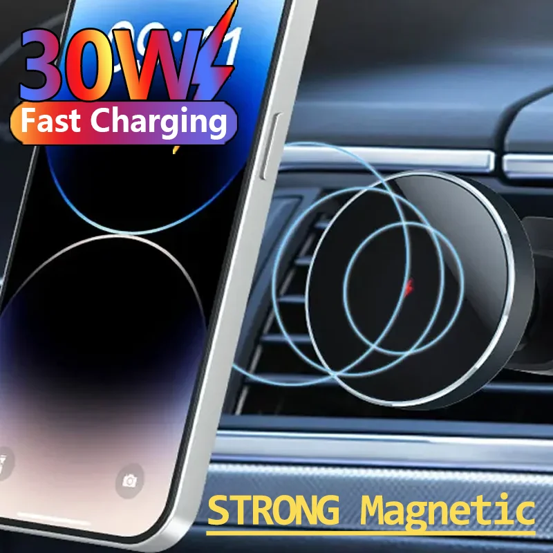 30W Magnetic Car Wireless Charger Phone Holder Stand for iPhone 15 14 13 12 Pro Max Samsung Car Mount Fast Charging Dock Station