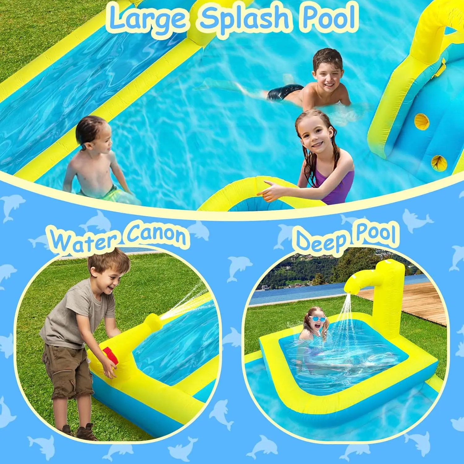 Aufblasbare Wasserrutsche, Delphin Styling Giant Bouncy Waterslide Park, mit extra langer Rutsche, Kletterwand, tiefer Pool, Wasserkanone