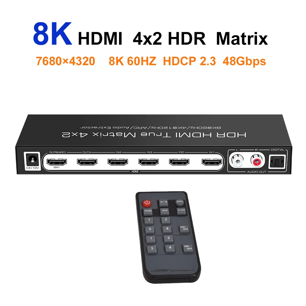 

8K HDR HDMI 2.1 Switch True Matrix 4 input 2 output ARC CEC Includes audio parts