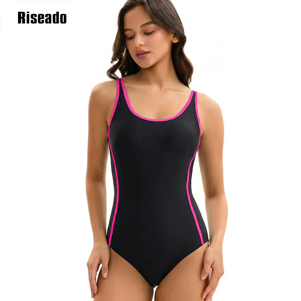 Women's Retro Color Block One Piece Swimsuit Sexy back Tummy Control Bathing Suit with Contrast Trim