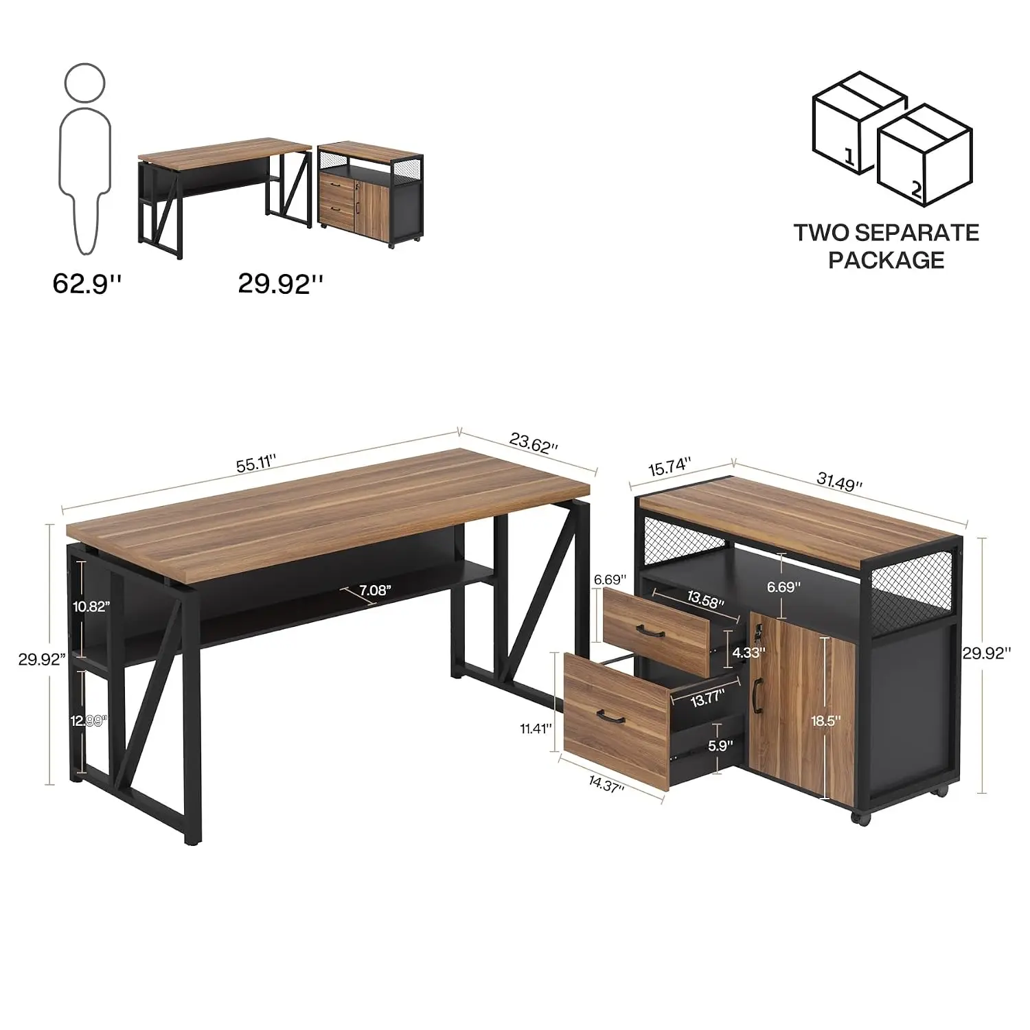 L Shaped Executive Desk with Drawer & File Cabinet, 2 Piece Office Furniture with Locking Doors for Hanging File, 55