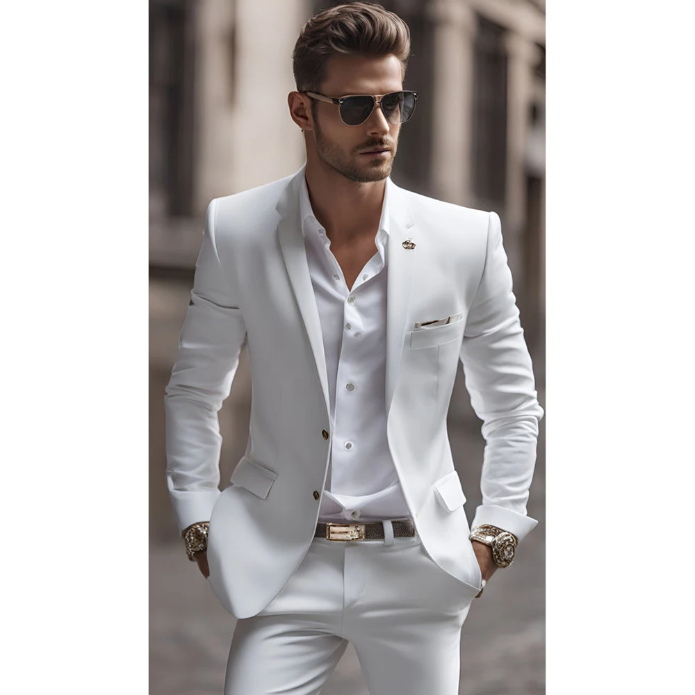 Summer White Men Suits Two Piece Fashion Notch Lapel Single Breasted Suit Slim Fit Elegant Smart Casual Groom Wedding Tuxedo