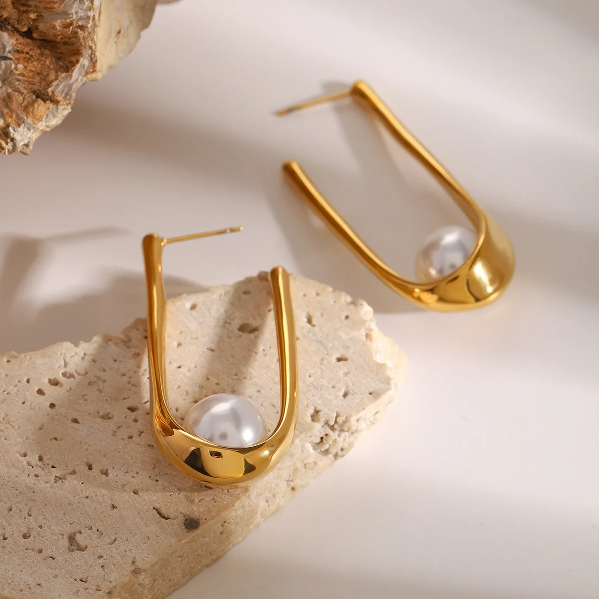 Chunky Stud Earrings Non Tarnish Geometric Jewelry Gold Plated Stainless Steel Hollow Triangle J Shapes Hoop Earrings Women view 3