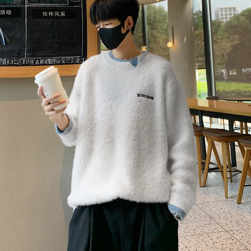 

Универсальный свитер в японском стиле с откидной спинкой, мужской осенне-зимний свитер для пары из искусственной норки, искусственный пуловер из двух частей