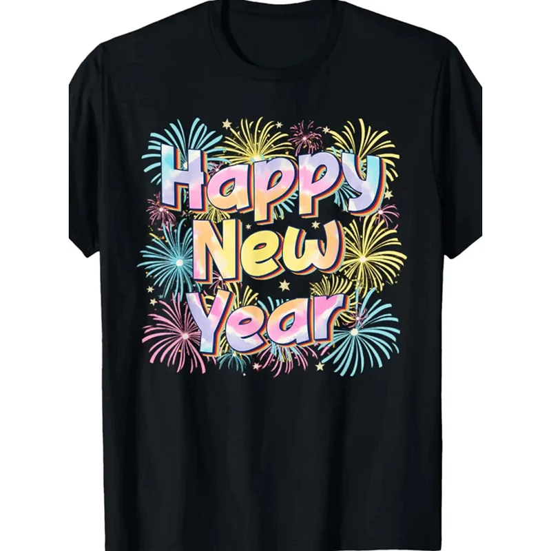T-shirt manches courtes unisexe, vêtement cool et simple, à la mode, imprimé en 3D, motif feux d'artifice, bonne année 2025