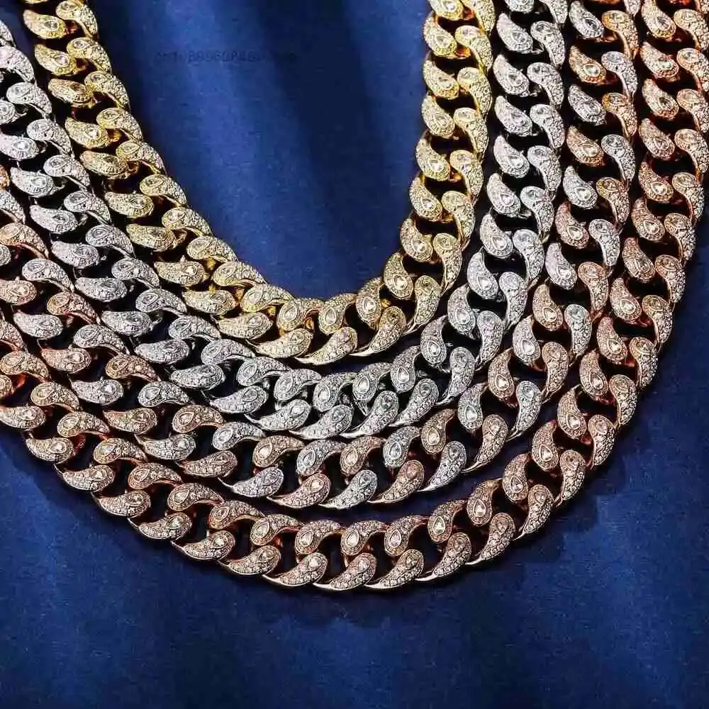 Luxury Yu Ying New Style Sterling Silver Cuban Chain 14mm Ice Out Moissanite Diamond Hip Hop Cuban Link Chain Rapper Necklace.