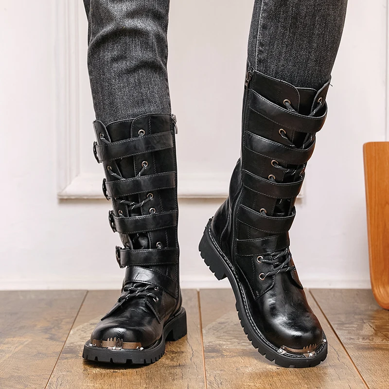 New Men's Side Zipper Warm High Top Leather Boots for Autumn and Winter Fashionable Brand Long Buckle Comfortable High Top Boots