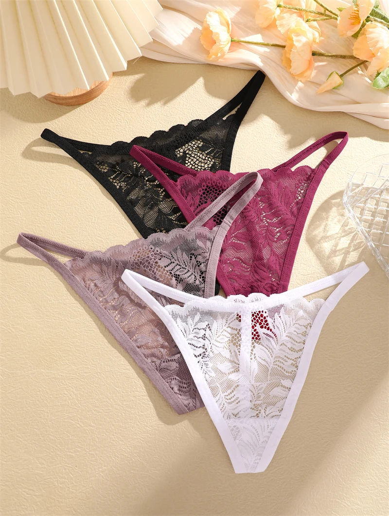 5Pcs Hollow Out Leaf Print Thongs Transparent Women\'s Panties Sexy Lace G String Solid Underwear Female Thin Low Waist Lingerie