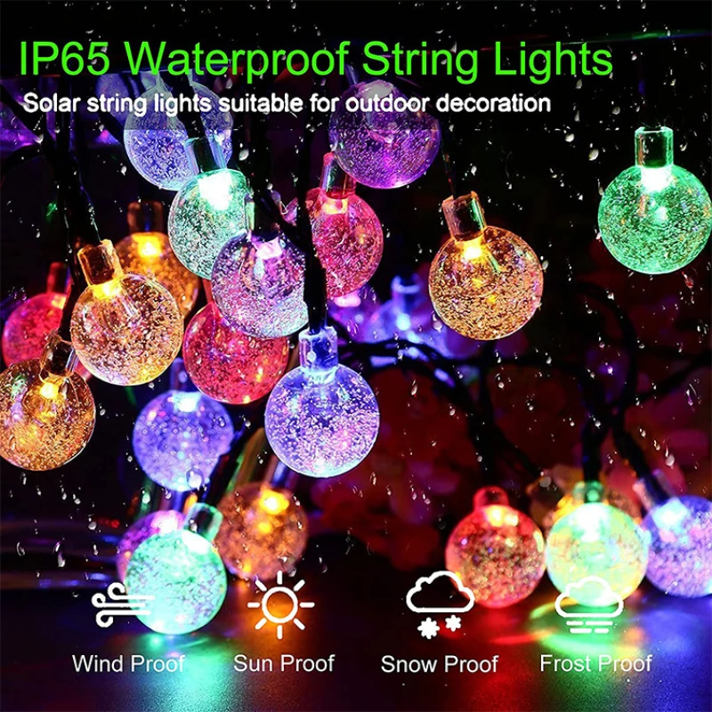 Solar String Lights Outdoor 60 Led Crystal Globe Lights with 8 Modes Waterproof Solar Powered Patio Light for Garden Party Decor