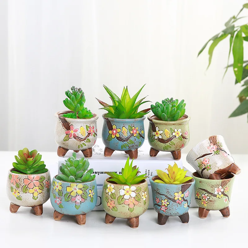 Korean Hand Painted Mini Succulent Pot, Colorful Ceramic Thumb Planter, Zakka Home Decor for Small Cactus