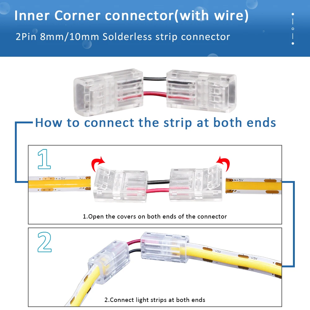 LED Strip Connector 2Pin 8mm 10mm PCB Quick Wire Corner Connector Welding-Free for 2835 5050 SMD COB Flexible LED Strip Lights