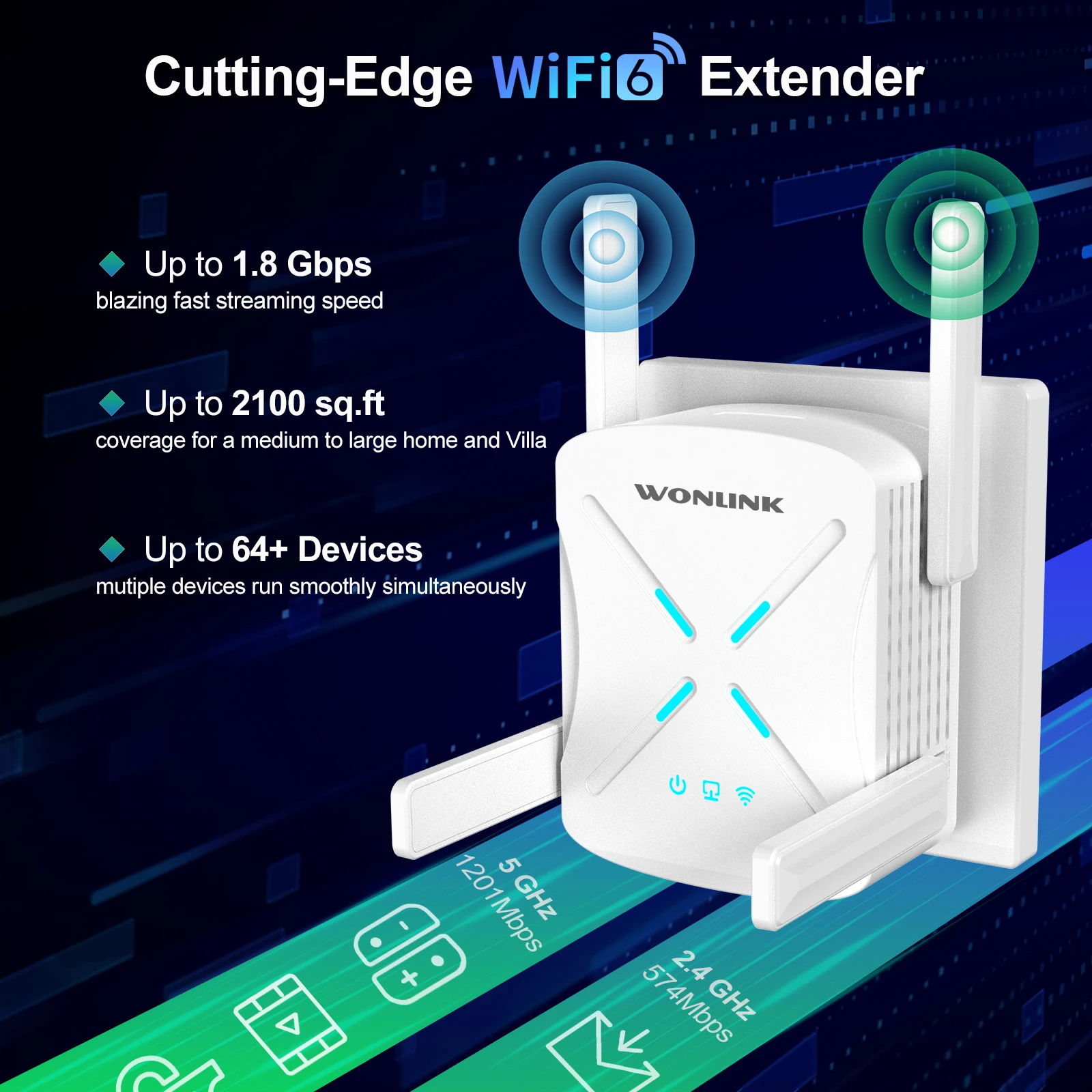 듀얼 밴드 와이파이 리피터, 기가비트 안테나, 와이파이 6 장거리 신호 확장, AX1800, 2G, 5GHz, 4 * 2dBi