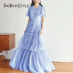 TWOTWINSTYLE Solid Patchwork Mesh Elegant Dresses For Women Round Neck Short Sleeve High Waist Spliced Folds Chic Dress Female