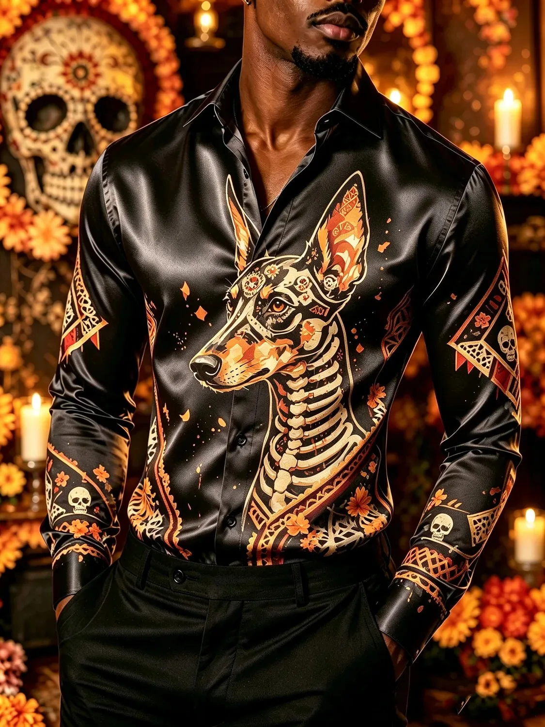 Men Lapel Long Sleeve Shirt Day of the Dead Western Sugar Skull Daisy Floral Print Satin Button Shirt
