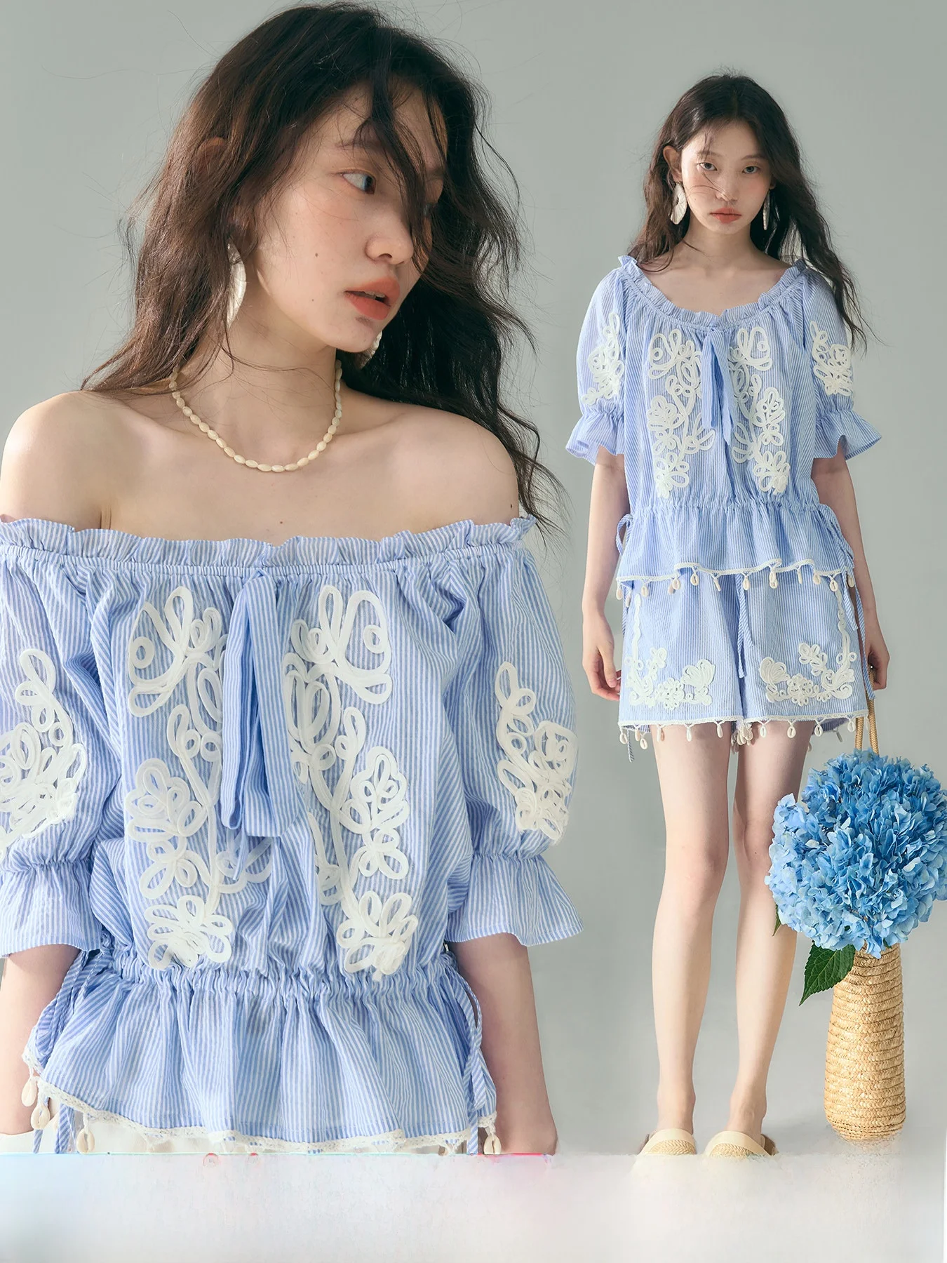 

Handmade Island Flower Vine Embroidery Short Sleeve Top And Shorts Set Pure Cotton Casual Loose Fit Women's Summer Outfit