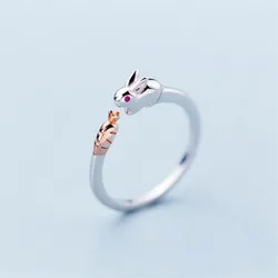 New Simple Cute Rabbit Bunny Creative 925 Sterling Silver Jewelry Sweet Animal Creative Exquisite Crystal Opening Rings R125