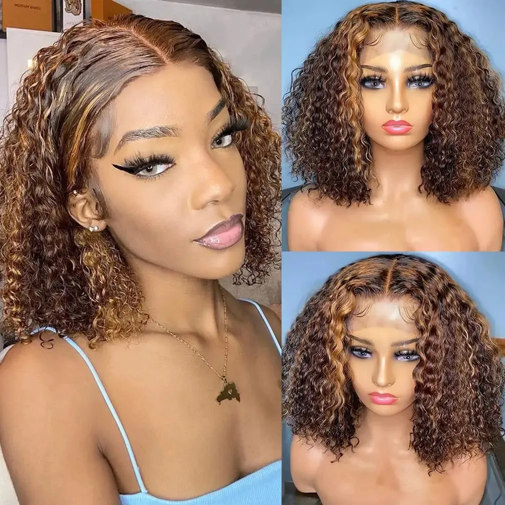 Highlight Short Bob Lace Front Curly Human Hair Wigs 13x6 Honey Blonde Ombre Colored 13x4 Deep Wave Lace Frontal Wig For Women