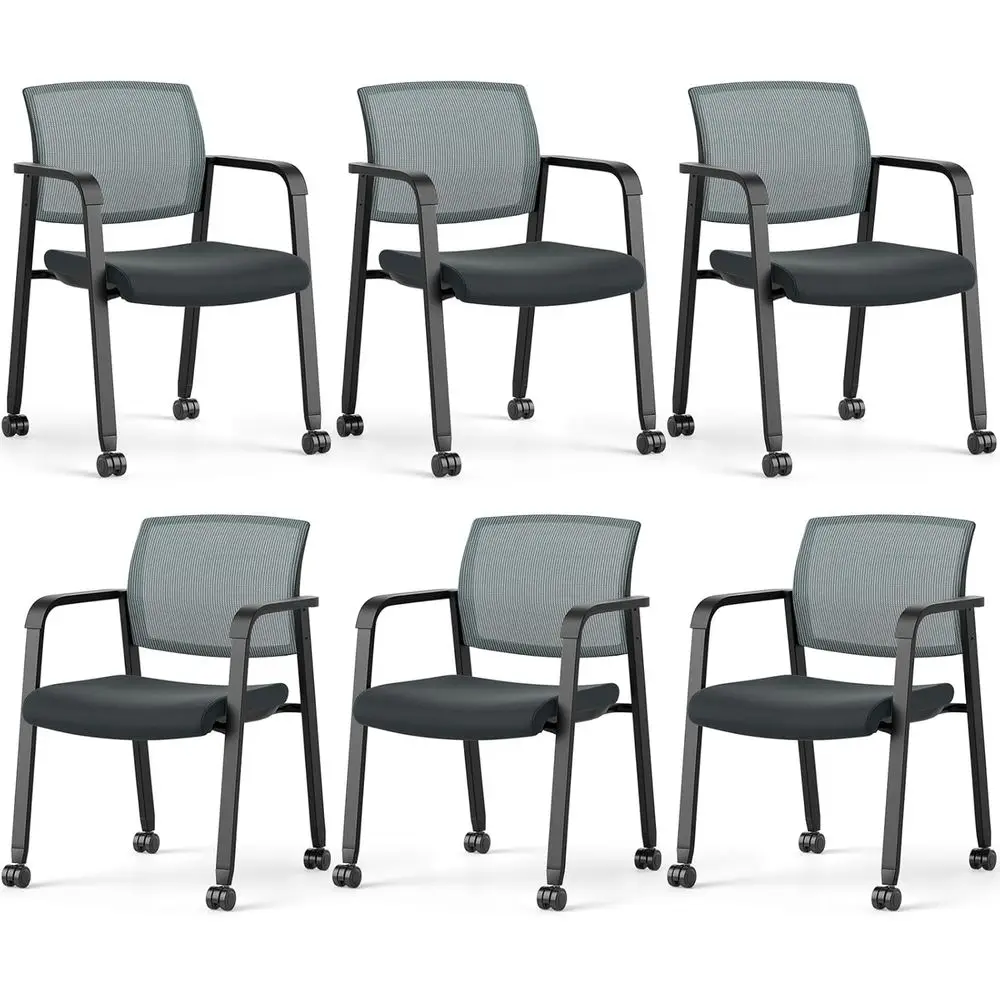 

Stackable Mesh Office Chairs Set of 6 with Armrests and Wheels for Waiting Rooms, Schools, and Lobbies (Grey)