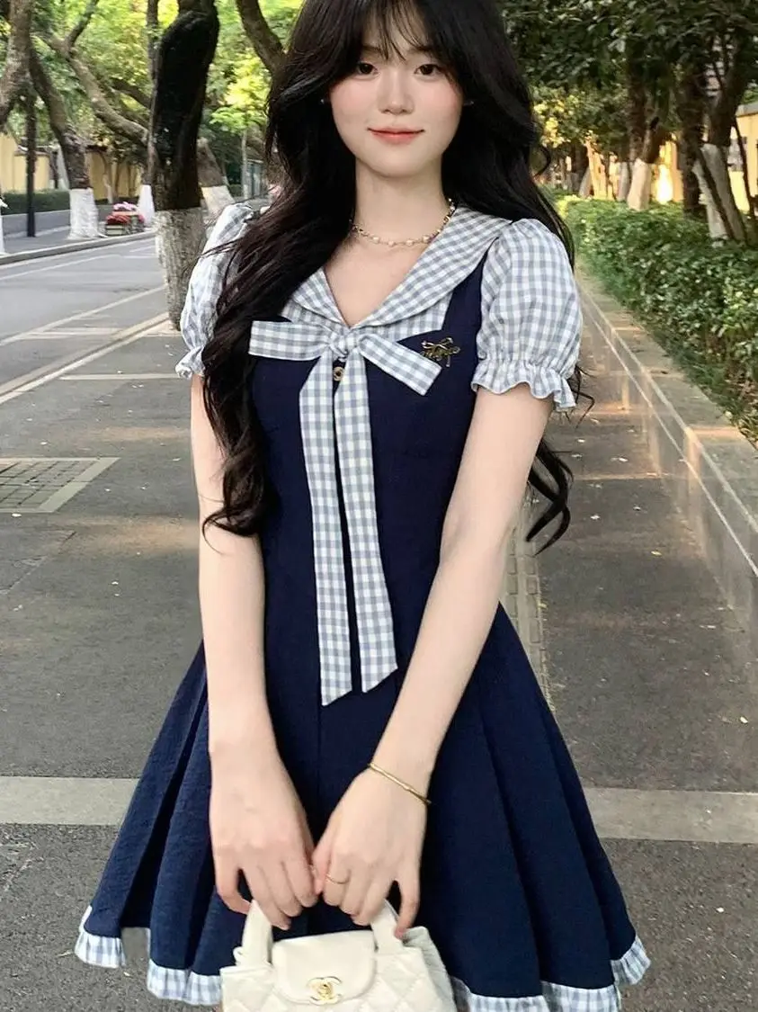 

College Style Plaid Knot Dress Slim Fit A-Line Student Short Skirt Summer Korean Fashion Polyester Fabric