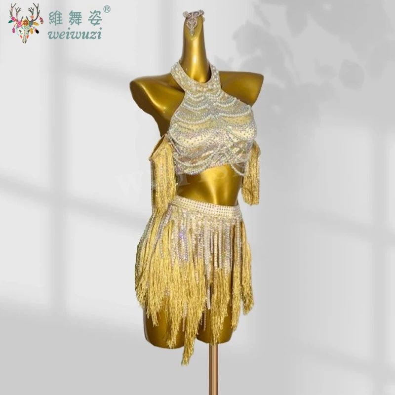 أزياء مسابقة الرقص اللاتينية رائعة لؤلؤة علوية + تنورة قصيرة شرابة 2 قطعة ملابس أداء التانغو السامبا رومبا النسائية #3