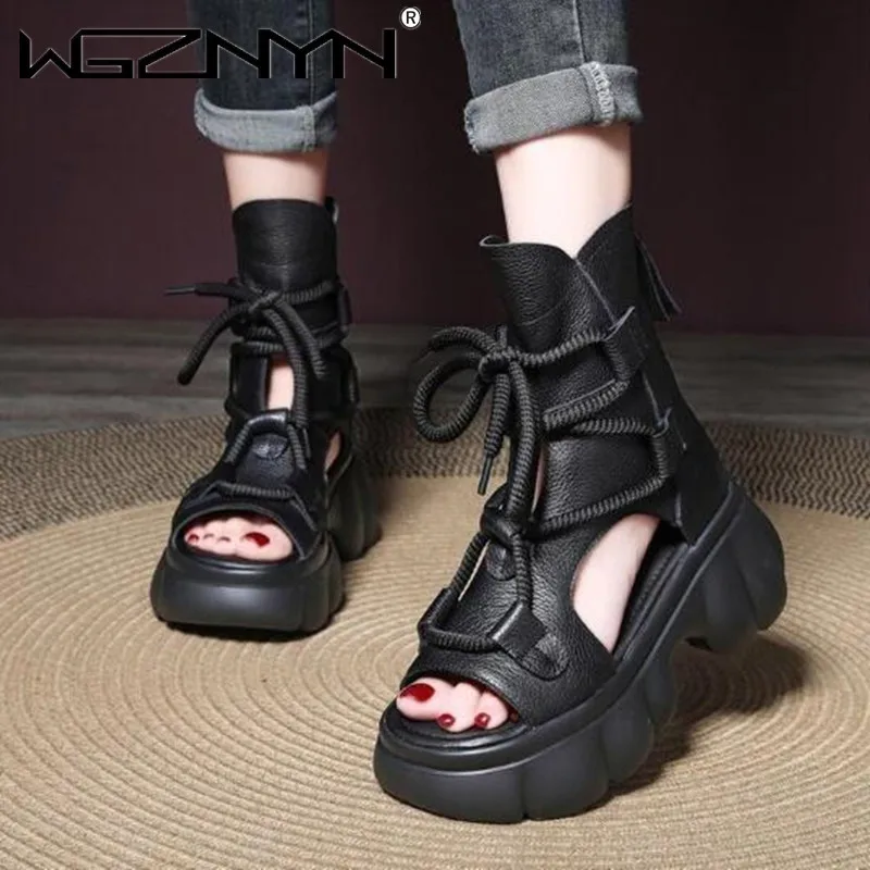 Genuine PU Leather Zip Retro Shoes Women Sandals 2024 New Ankle Boots Summer Handmade Hollow-out Lace-up Casual Platform Sandals