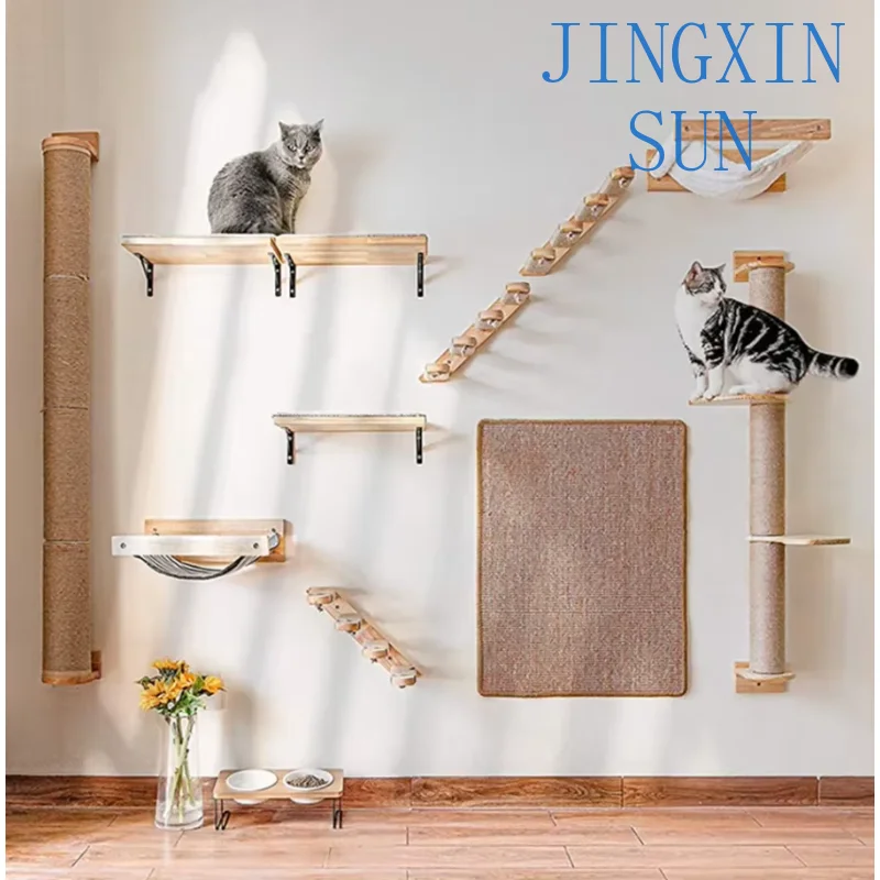 Modern solid wood wall-mounted cat climbing frame pet bed furniture, sword hemp rope lifting design