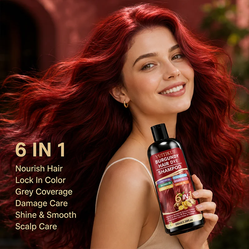 YUITIKUE Burgundy 6IN1 Hair Dye Shampoo 100ml 6 Plant Oils Ginger Extract Cover Grey Hair Long Last DIY Home Hair Color