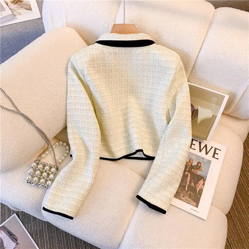 Vintage Women Tweed White Suit Jacket Coat Top And Skirt Elegant Two Piece Set Outfit 2023 Winter Jacquard Fashion Cloth