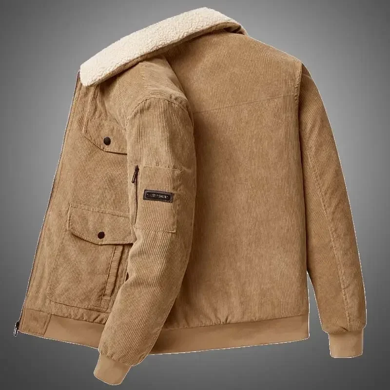 Luxury Winter Warm Jackets Lamb's Wool Padded Men Military Multi-pocket Corduroy Thick Coat Zipper Long Sleeves Outerwear Korean