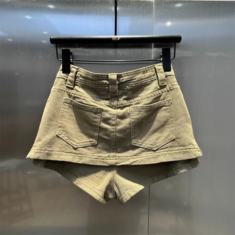2026 New Pleated Denim Skirt Women Y2k Side Zipper Khaki A Word Mini Shorts Skirt