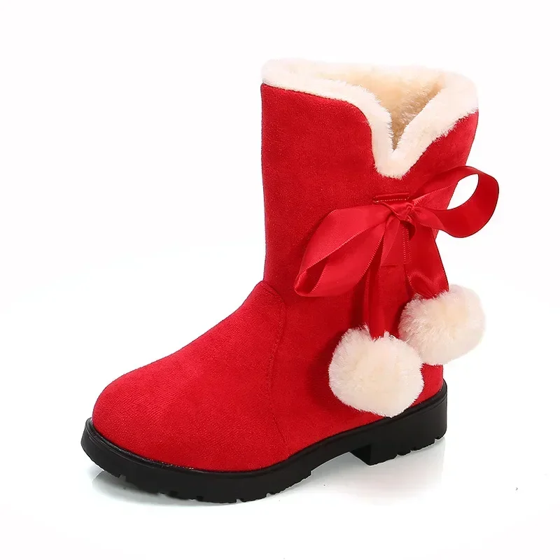 Children\'s Winter Boots for Girls Princess Medium Big Kids Snow Boots Warm Fur Bowtie with Hairball Cute Sweet Plush Suede Boots