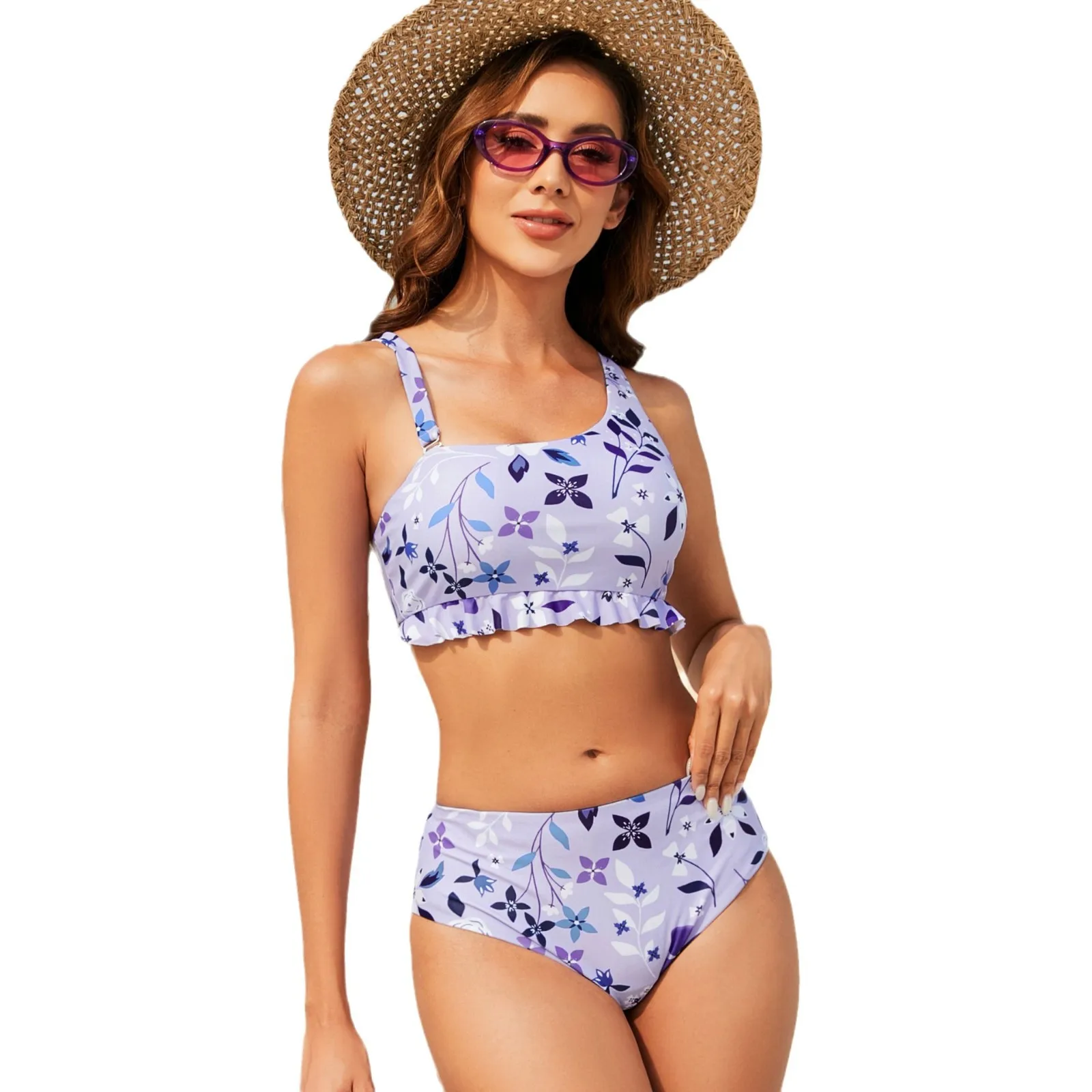 2025 المرأة المطبوعة Tankini و مجموعة البكيني مثير عارية الذراعين قطعتين ملابس الصيف الأزهار مشد السباحة بحر ملابس النساء S