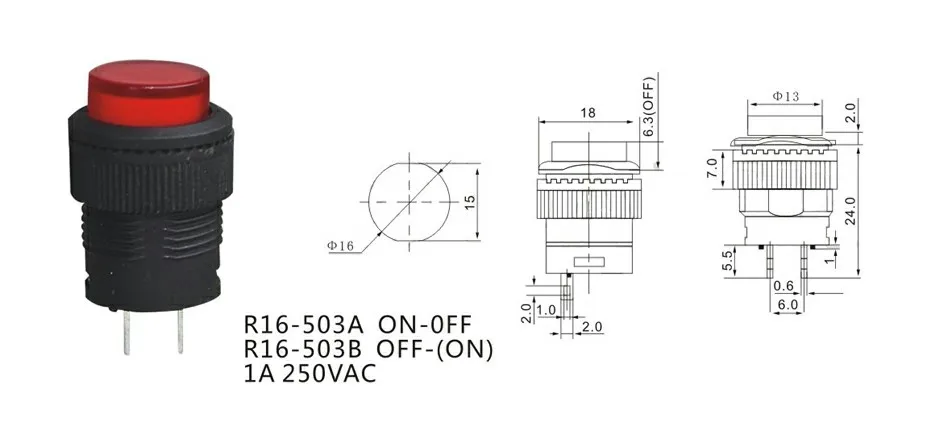 5Pcs Self-lockin 16MM Latching/Momentary push Button Switch with 5Color LED lighting 2Pin or 4Pin R16-503/AD R16-503/BD