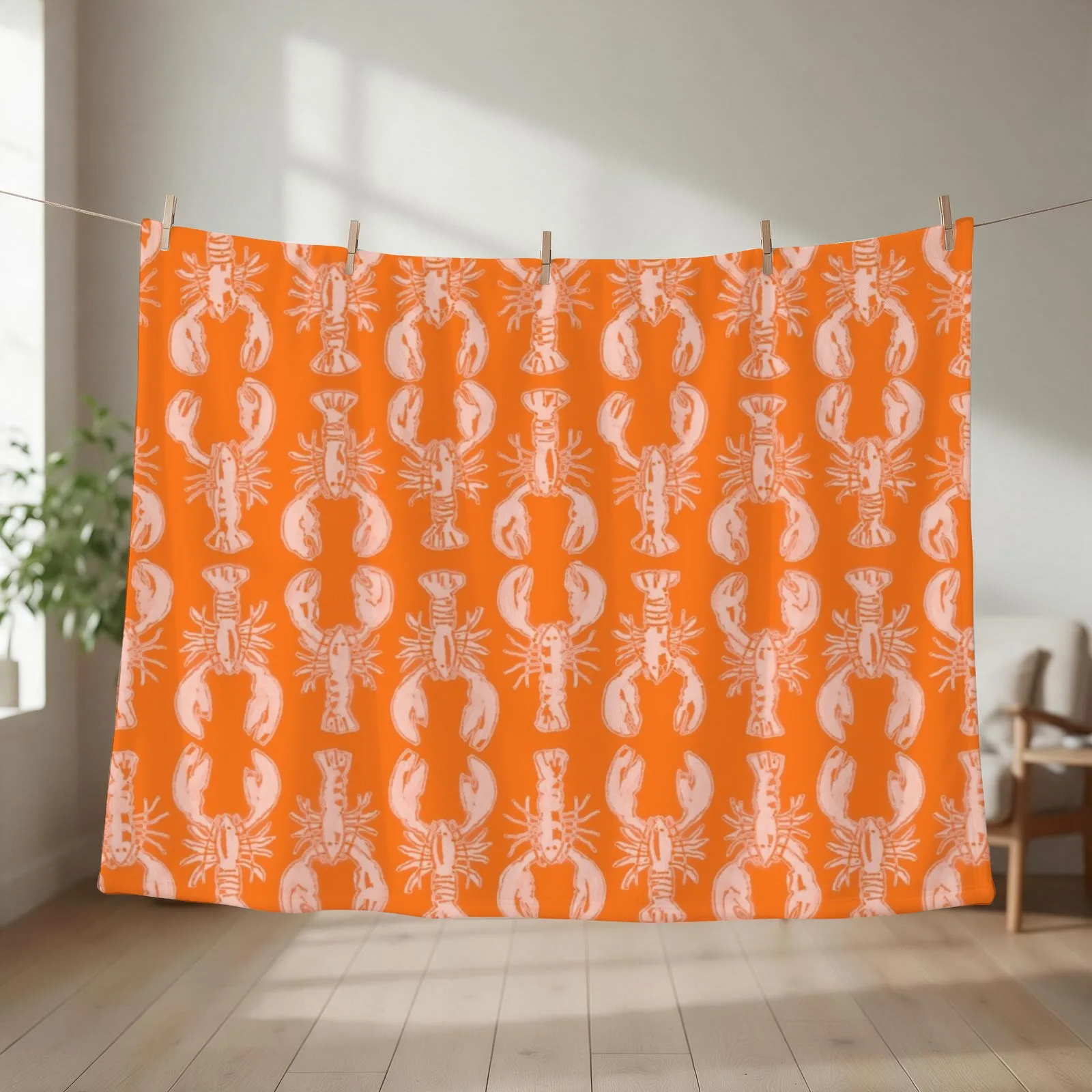 Cheerful orange lobster print Throw Blanket couch cozy soft plush fuzzy picnic outdoor blanket