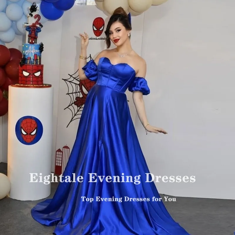 Eightale ROYAL BLUE ชุดราตรีที่กําหนดเองปิดไหล่แขนสั้น A-Line ซาตินชุดราตรีชุดแต่งงาน