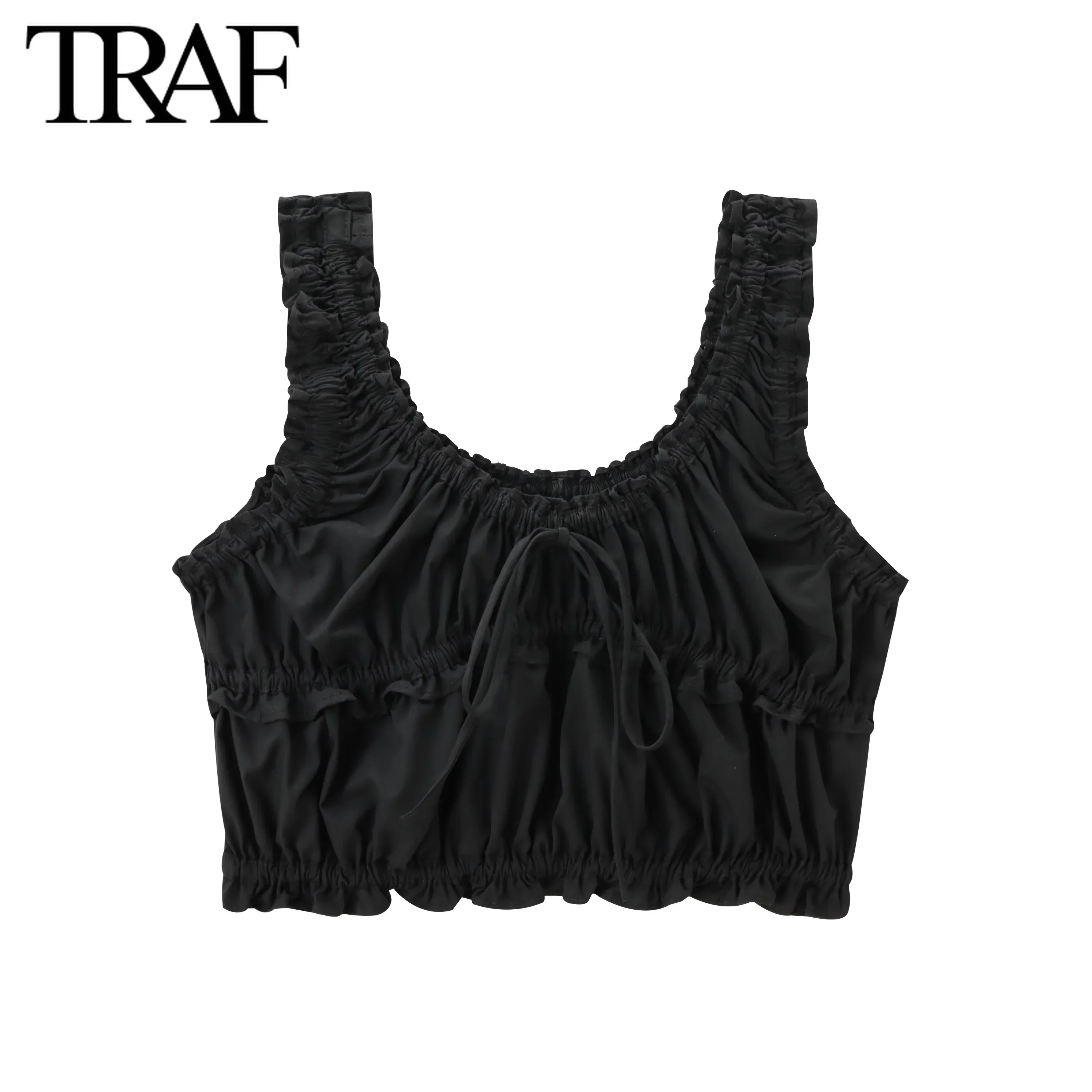 TRAF Women Fashion Summer New Pleated Ruffled Edge Lace Up Bow Poplin Top Blouse Street Clothing Vest Tank Chic Ladies Crop Tops