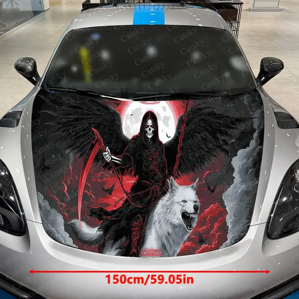 Reaper & Soul-Hunting White Wolf Car Vinyl Wrap, PVC Waterproof Car Hood Sticker, Self-Adhesive Scratch-Resistant Stickers