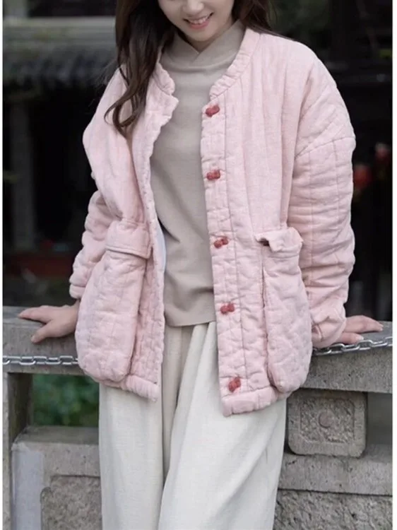 Bawełniana flanela lub płaszcz Odzież damska Bawełniana kurtka puchowa Nowa chińska stylizacja Zimowa ocieplana długa kurtka z wysokim kołnierzem