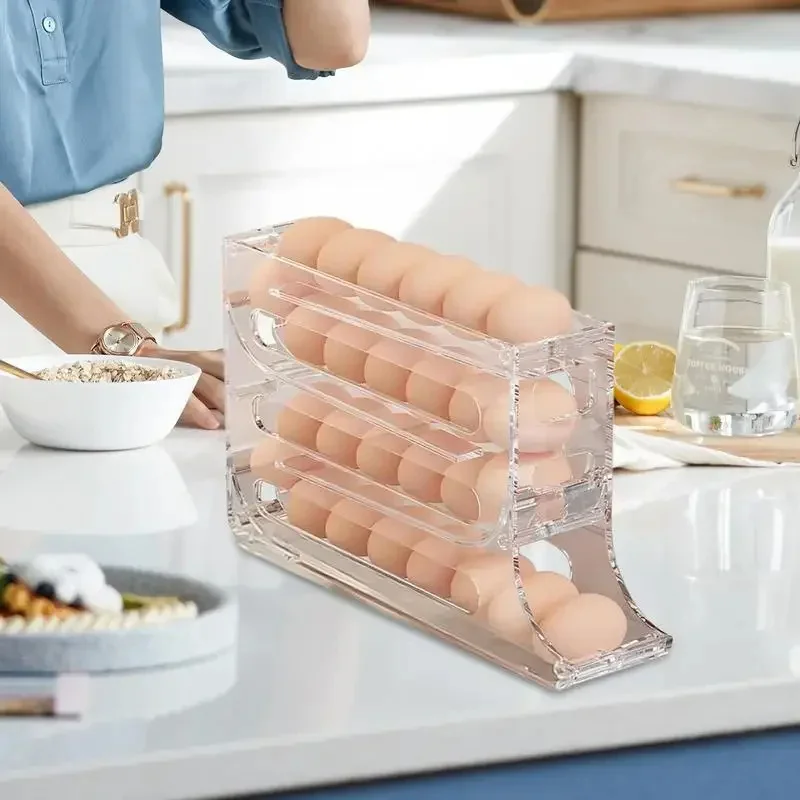 4 Layers Automatic Rolling Egg Holder Refrigerator Egg Storage Box Container Large Capacity Egg Dispenser Fridge Organizer